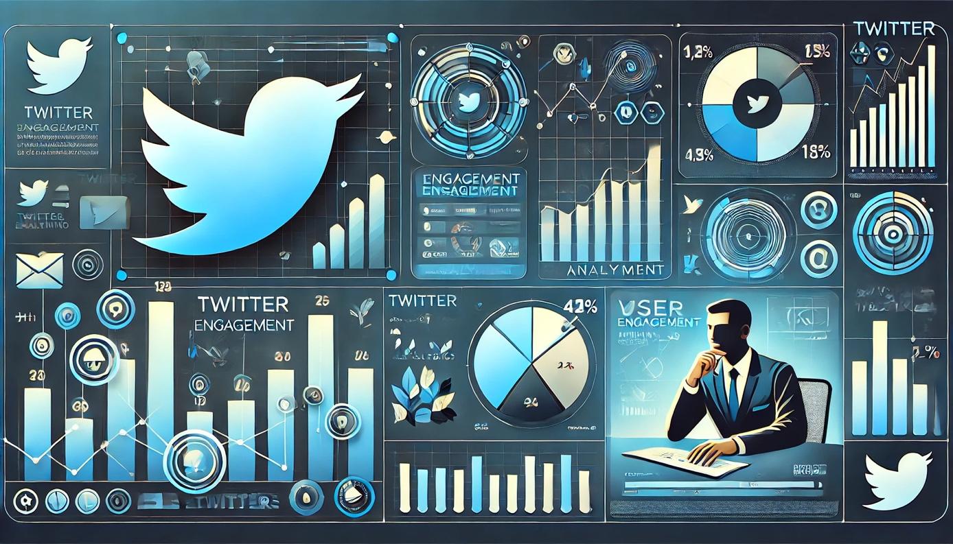 A sleek and professional horizontal illustration representing Twitter engagement and analytics. The design includes elements such as the Twitter logo, analytics charts, a professional-looking user profile interface, and abstract visuals symbolizing growth and visibility. The color scheme should use Twitter's signature blue along with modern gradients to highlight sophistication and technological advancement. The layout emphasizes clarity and engagement in a horizontal format, suitable for a blog or social media article header.